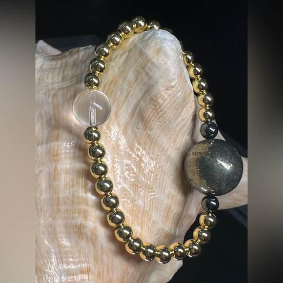 CLEAR  QUARTZ + GOLD-FILLED + PYRITE NATURAL STONES BRACELET size 7” - Picture 2 of 16